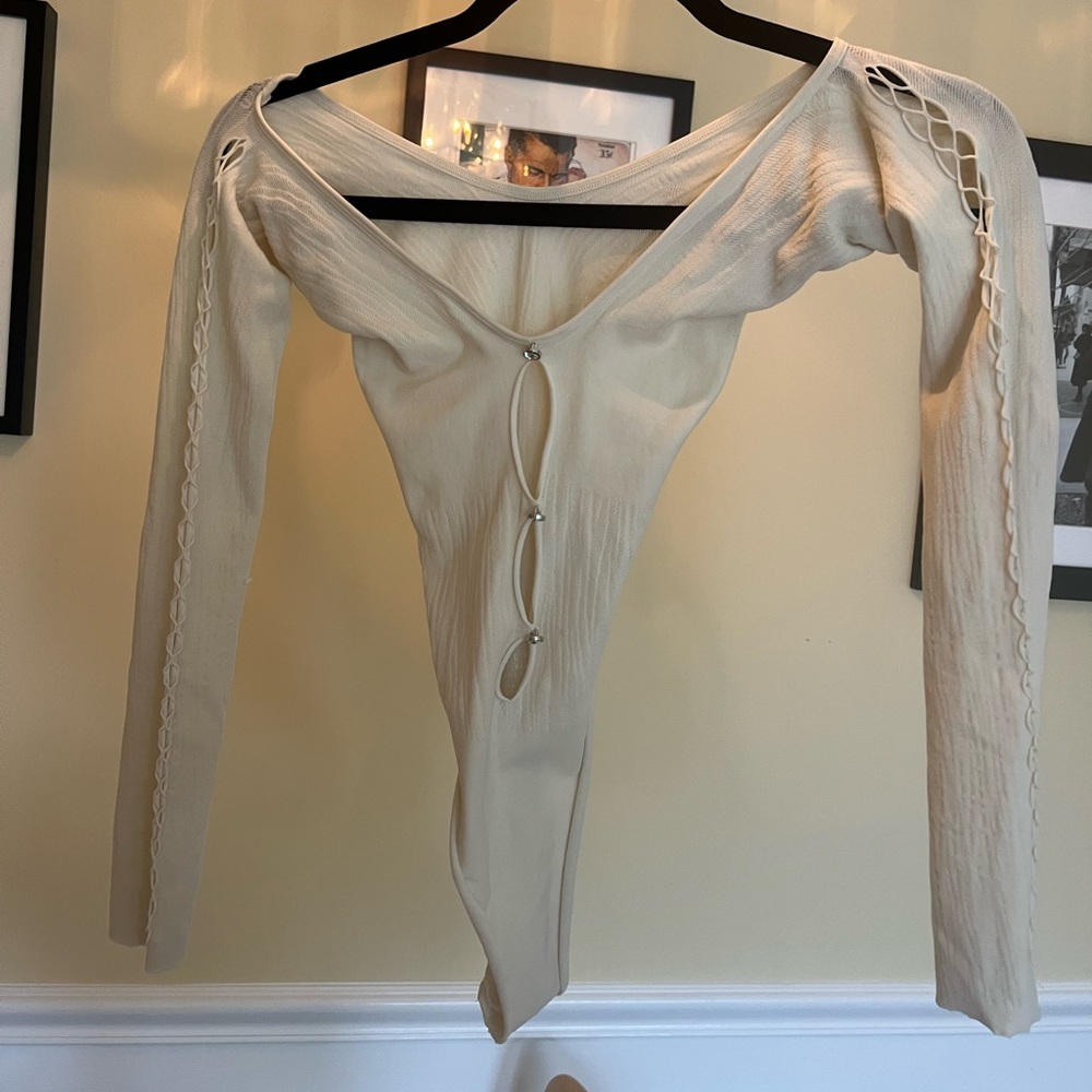 White Fox Long Sleeve Bodysuit with Cutout Details